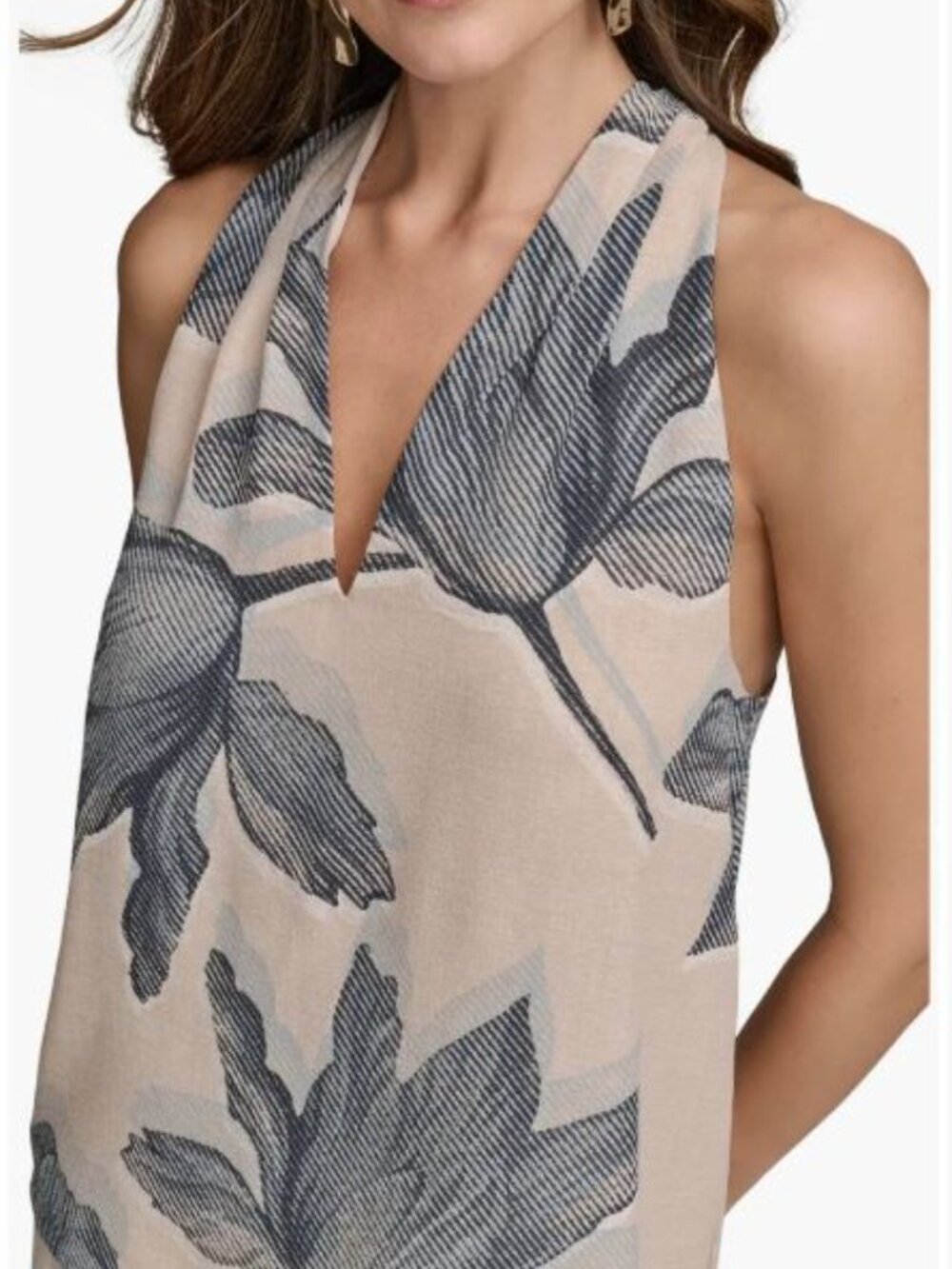 Donna Karan Beige V Neck and Halter back Camisole Black Floral Print NWT X Large